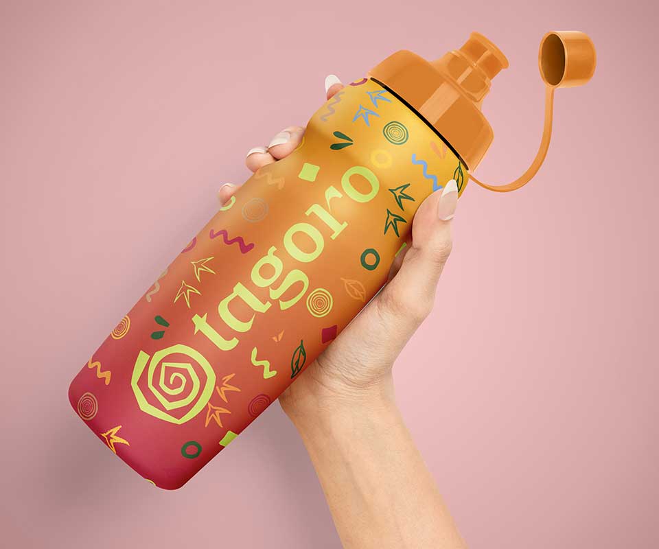 waterbottle, orange-yellow gradient, with tagoro name and spiral logo in a pattern covering the bottle.