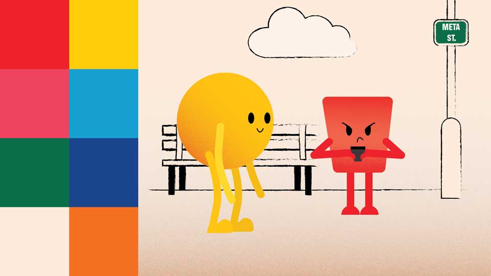 colour palette on left, circular yellow character in centre and red trapieze character holding phone in background