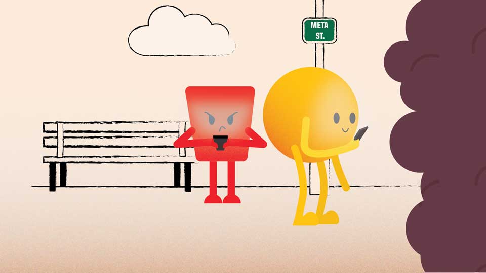 circular yellow character in centre and red trapieze character in background, both holding phones