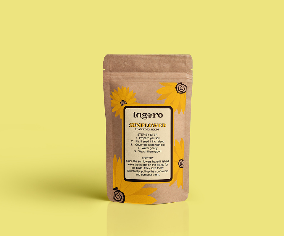 brown paper seed packet with sunflower pattern, centre of flowers are tagoro swirl.