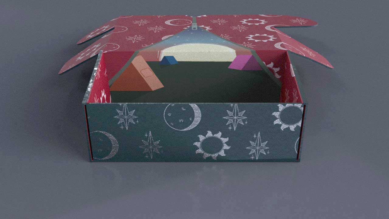 inside of kit box, open tent door, angled with the lid tilting back