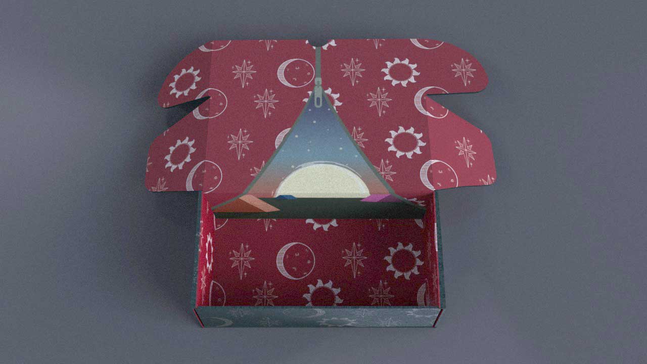 inside of kit box, open tent door, angled with the lid propped up.