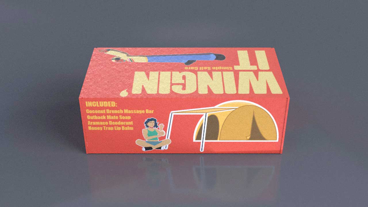 back of kit box, illustration of yellow tent and a woman using one of the Lush products.