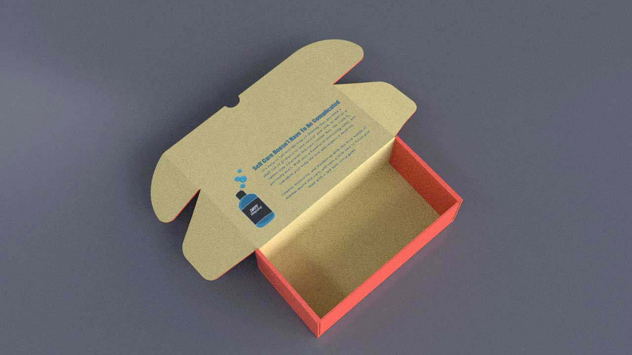 inside of kit box, yellow interior, inside of lid has an illustration of the showergel and information about the kit.