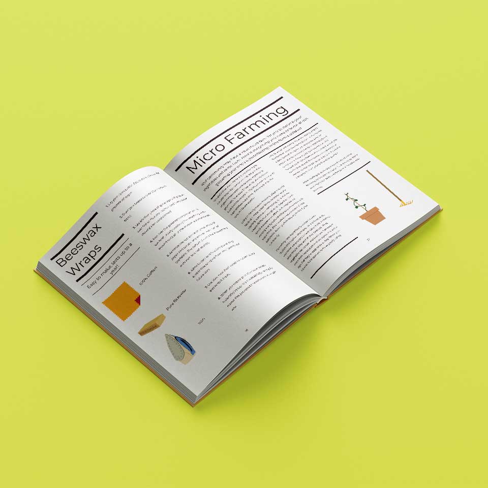 double page spread titled 'Beeswax wraps' and 'Micro Farming'