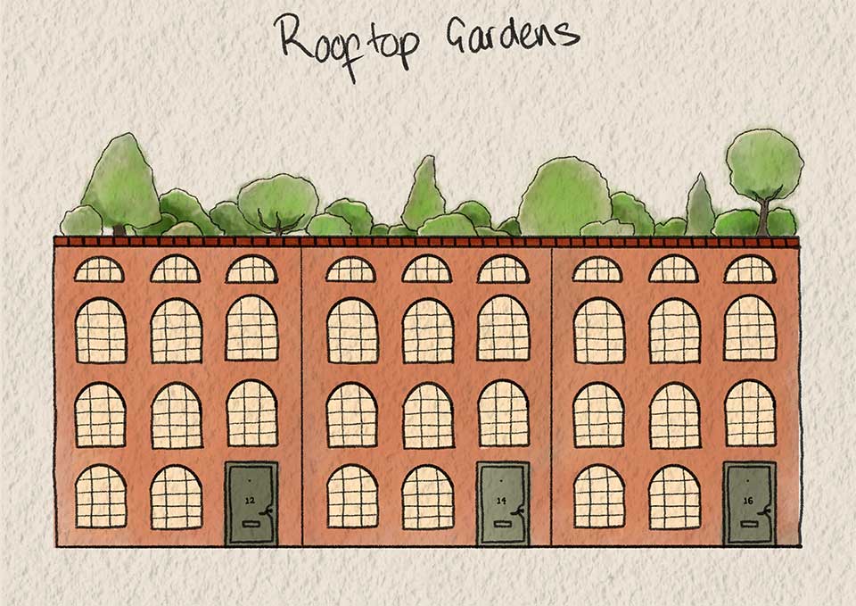 a closer sketch of buildings with rooftop gardens.