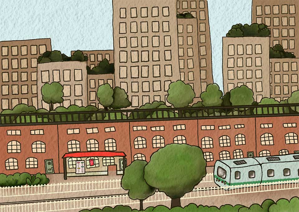 sketch of neighbourhood where buildings have trees in rooftop gardens, there's lots of greenery, and a public tram.'