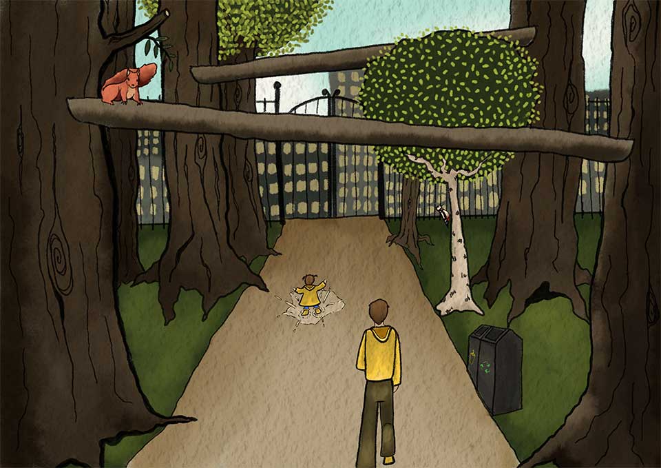 sketch of father an child walking through park with beams fixed between trees to provide a passageway for wildlife that allows them to travel the forest without interracting with people/ being interferred with.