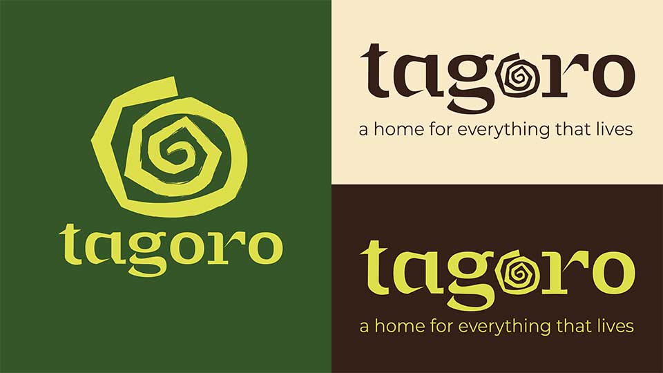 Three versions of spiral Logo with word Tagoro beneath. Left side logo has dark green background with light green accents. Top right has pale beige background with dark brown accents. Bottom right has brown background with light green accents