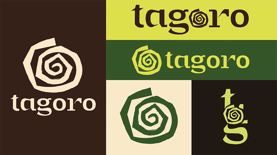 fiver versions of logo. Left has brown background with pale beige spiral logo and 'tagoro' beneath. Top right logo is just tagoro brand name, first o is the spiral from the logo. second down right, dark green background with light green spiral logo in front of 'tagoro'. bottom right version 1 is a green spiral on pale beige background. Bottom right version two has a dark brown background with letters t, o (which is represented with spiral logo) and g interlocking.