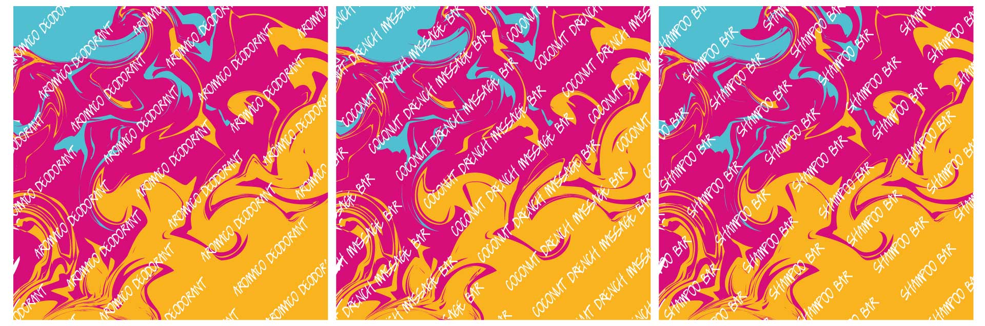 Aromaco Deodorant, Coconut Drench massage bar, and shampoo bar greaseproof paper. blue, hot pink, and orange swirl design
