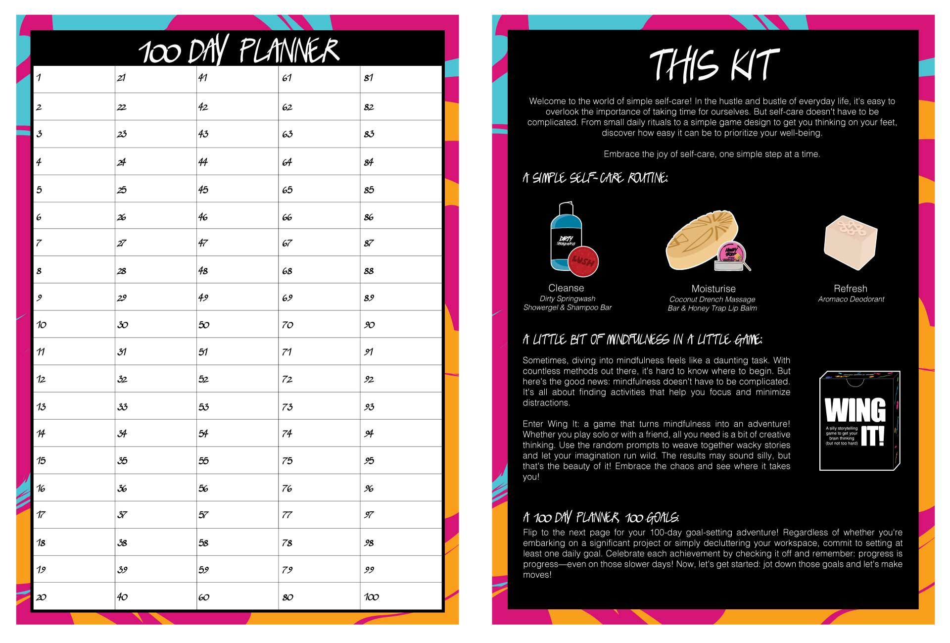 Poster: side 1 has a 100 day planner, and side two contains kit details. blue, hot pink, and orange swirl design around black interior box with white text.