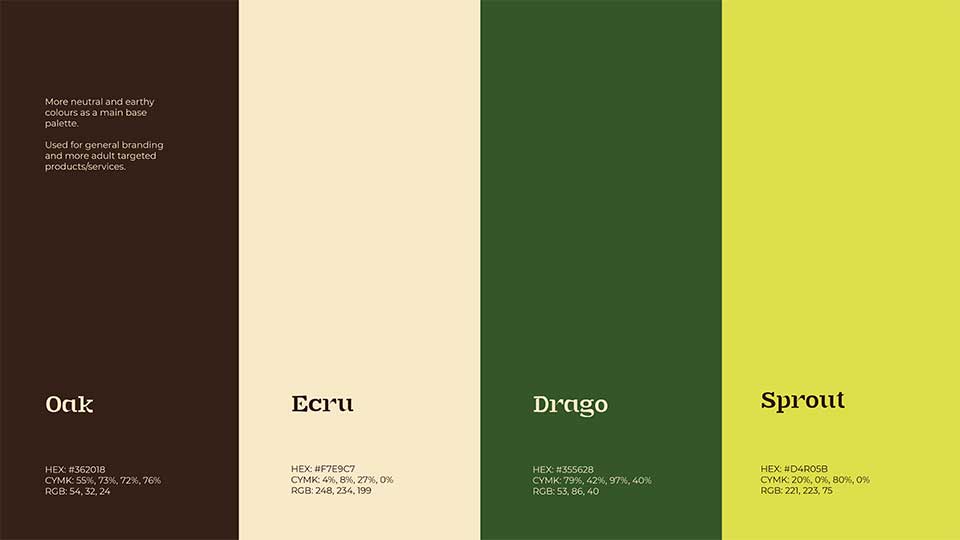Base colour palette. dark brown (named Oak) pale beige (named Ecru) dark green (Drago) light green (sprout).