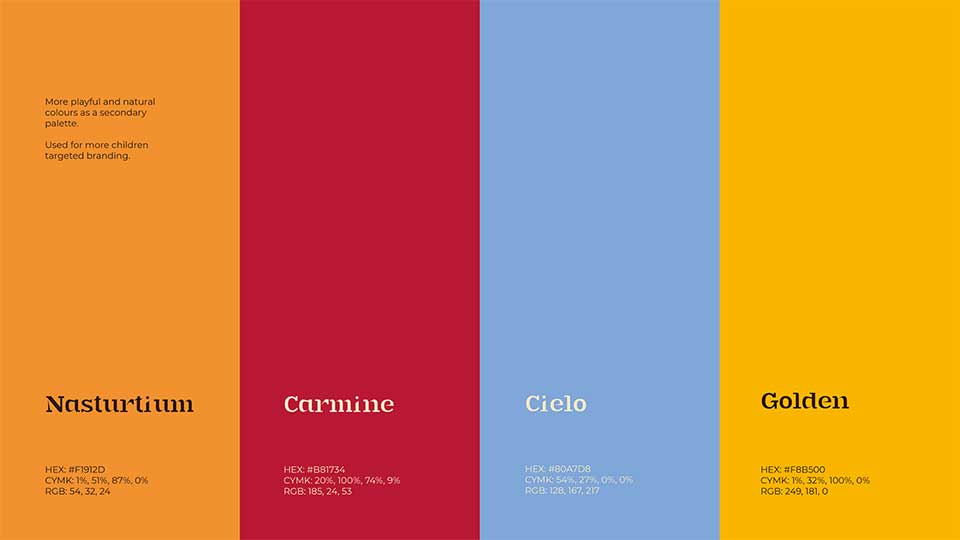 accent colour palette. orange (named Nasturtium) red (caramine) dusty blue (cielo) and warm yellow (golden).