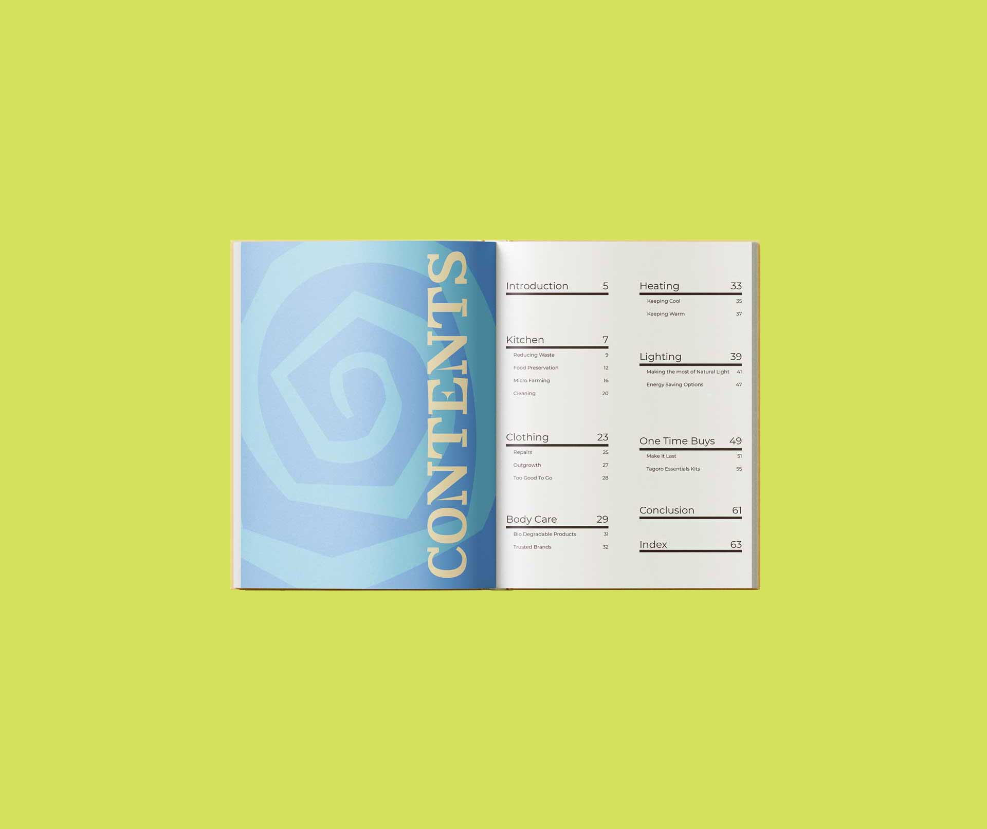 contents page covering sustainable ways to manage kitchen, clothing, body care, heating, lighting, and one time buys