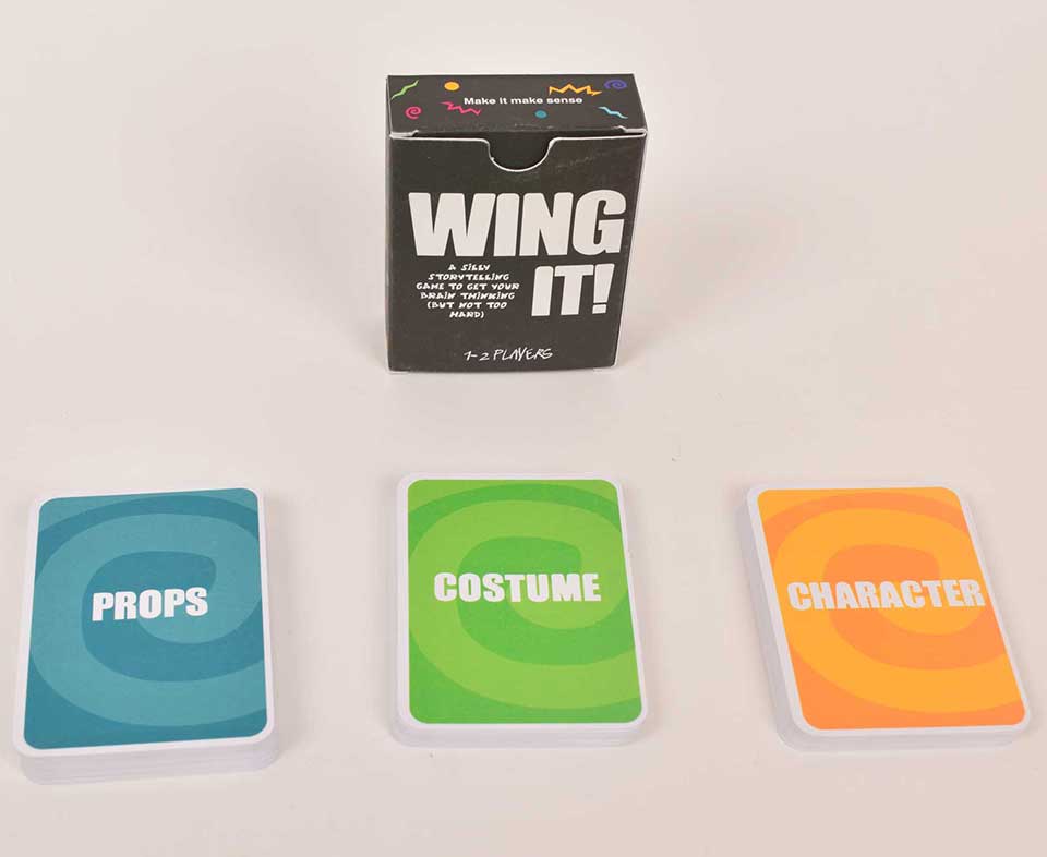 card box with card decks (Props (blue cards), Costume (green cards), Character(yellow cards)) in three stacks