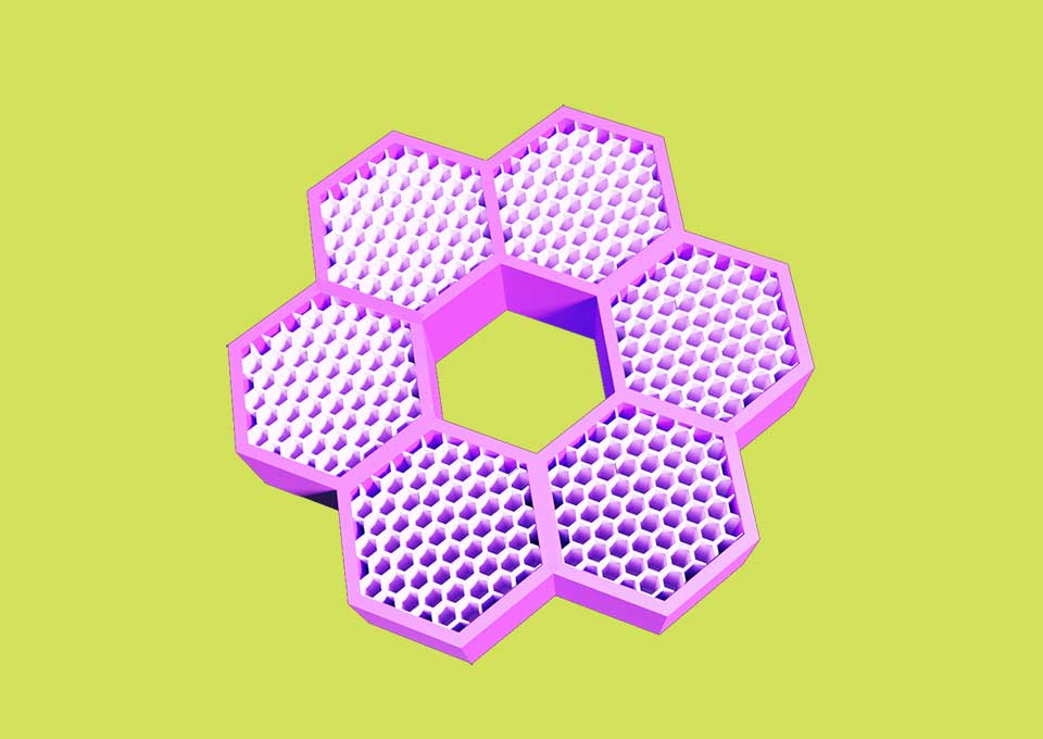 3d prototype of a man made beehiv, purple in colour, designed in a flower shape using hexagons fixed in a circle.