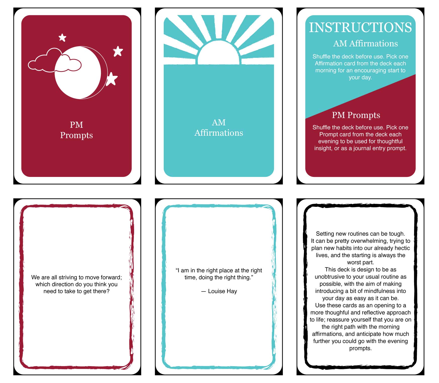 wellbeing cards front and back. Blue cards have morning affirmations, red cards have evening prompts, (eg, morning: 'I am in the right place at the right time, doing the right thing - Louise Hay', evening: 'We are all striving to move forward, which direction do you think you need to take to get there?'