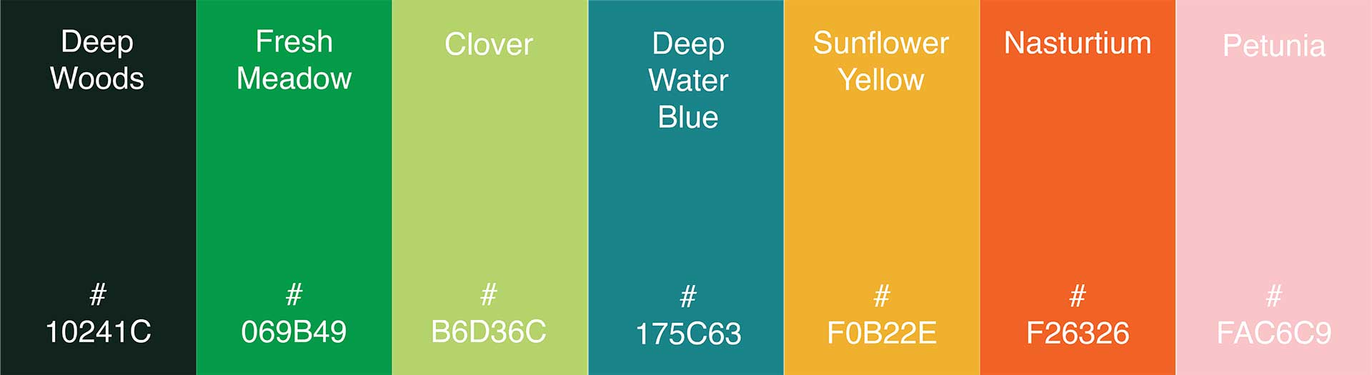 colour palette. three shades of green, a dark shade (named Deep Woods), medium shade (named Fresh Meadow), and light shade (named Clover). Dark turquoise (named Deep Water Blue), golden yellow (named Sunflower Yellow), bright orange (named Nasturtium), and a soft pink (named Petunia).