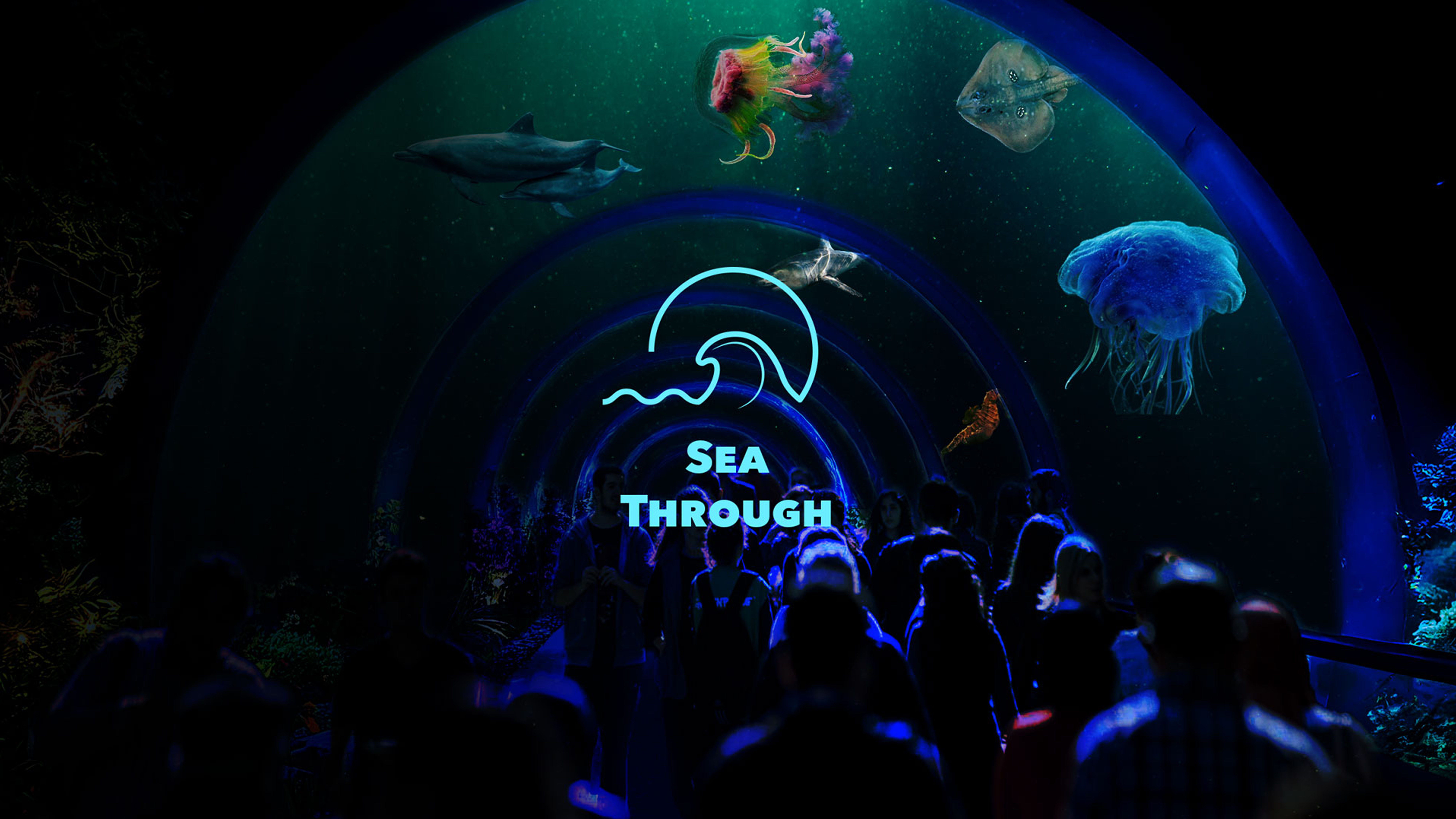 Hero image of tunnel at night, displaying projections of sea animals, with images of accompanying app.