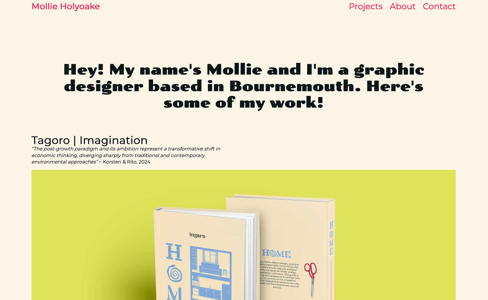website with pale beige background and pale black text
