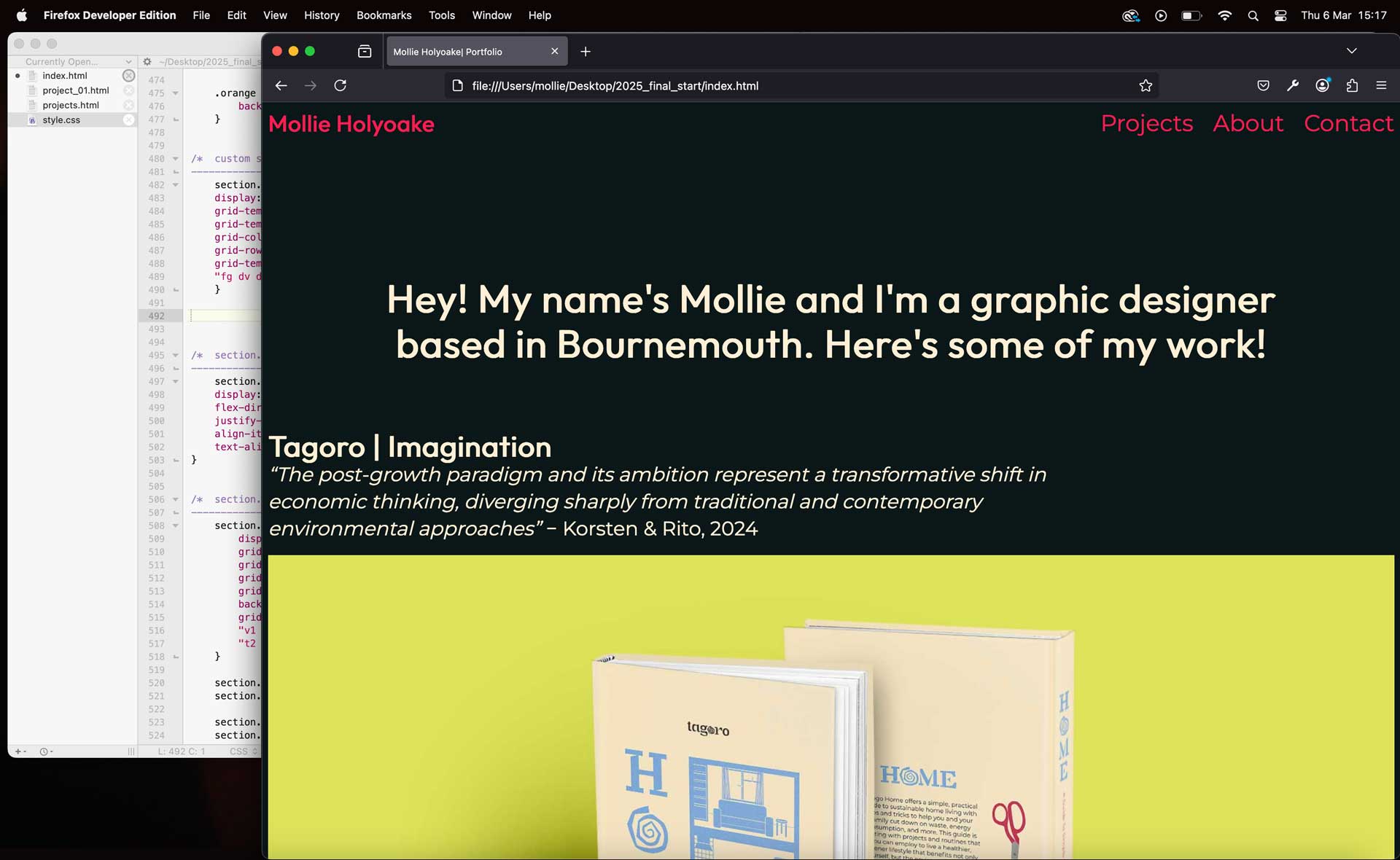 website with black background and pale beige text