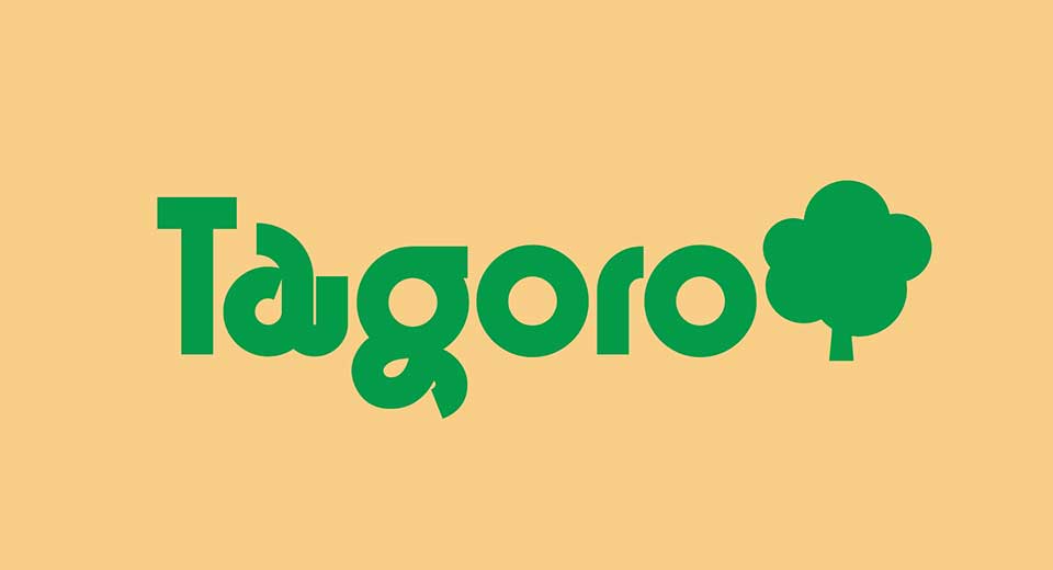 logo of Tagoro word, light green font and green tree at the end of the name, beige background