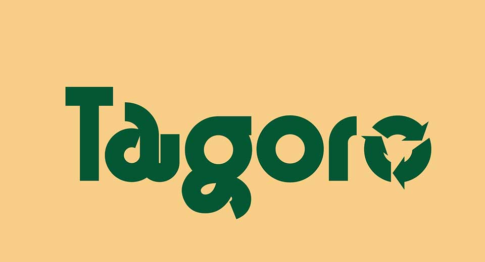 logo of Tagoro word, dark green font, letter O is made of three arrows moving in a circle, beige background