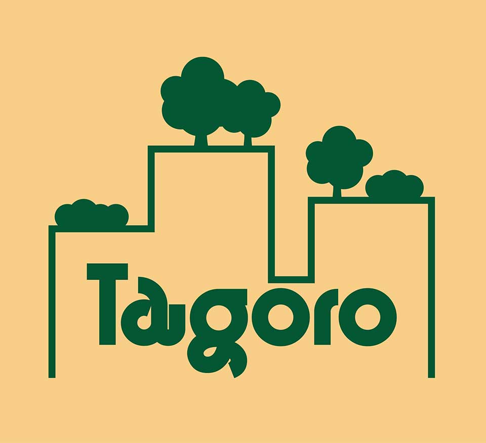 logo of highrise outline with rooftop gardens, beige background, green accents