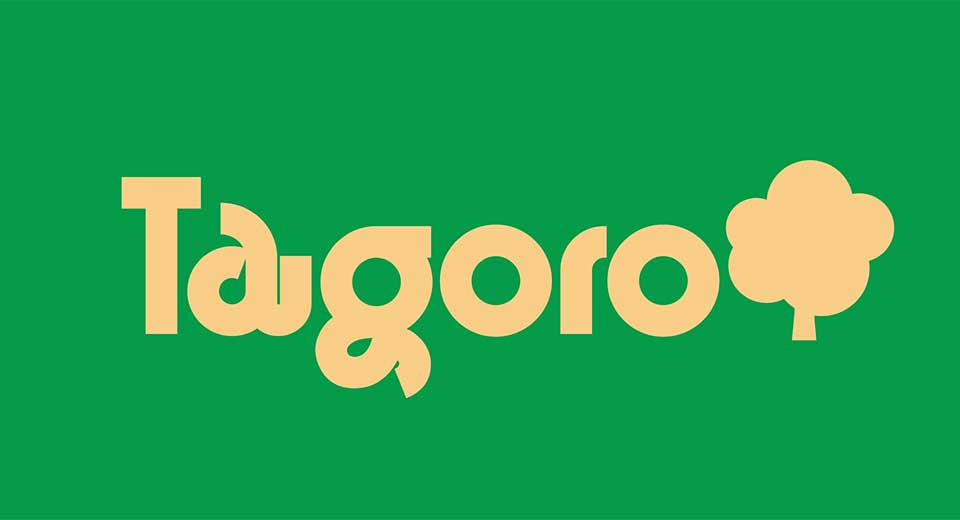 logo of Tagoro word, light green background, beige font,beige tree at the end of the name