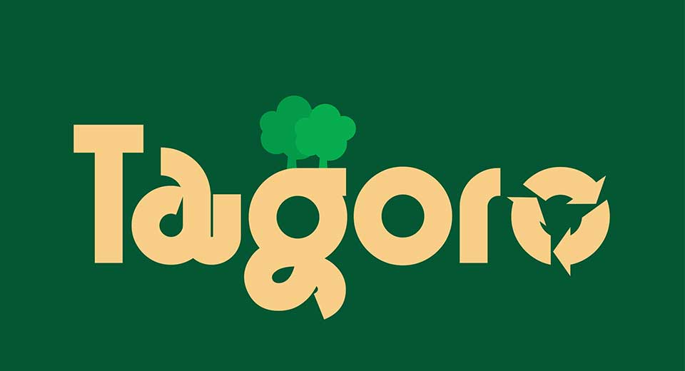 logo of Tagoro word, lighter green trees perched on letter G, letter O is made of three arrows moving in a circle, beige font, darker green background