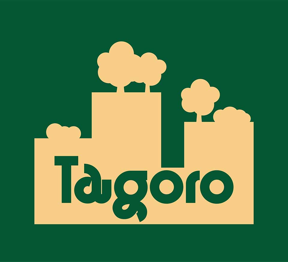 logo of highrise with rooftop gardens, green background, beige accents