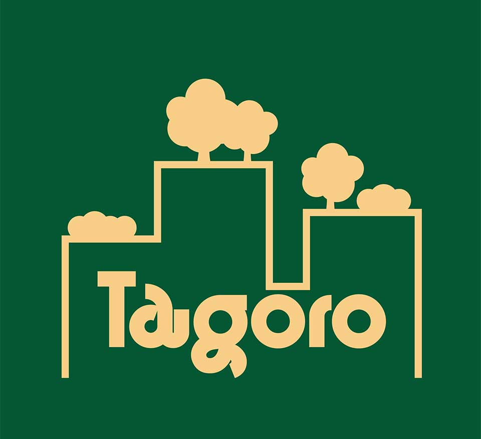 logo of highrise outline with rooftop gardens, green background, beige accents
