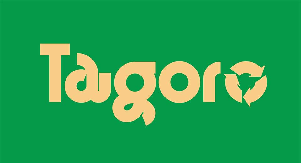 logo of Tagoro word, letter O is made of three arrows moving in a circle, light green background, beige font