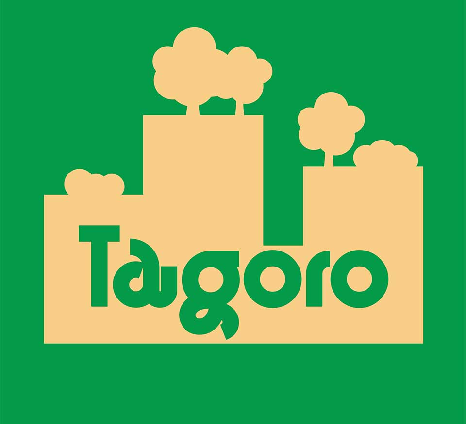 logo of highrise with rooftop gardens, light green background, beige accents