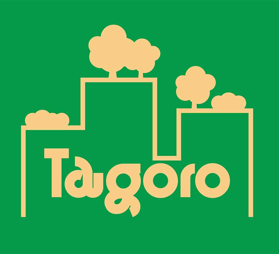 logo of highrise outline with rooftop gardens, light green background, beige accents