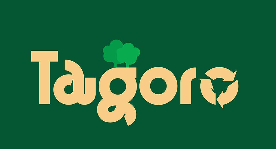 logo of Tagoro word, two lighter green trees perched on letter G, darker green background, beige font
